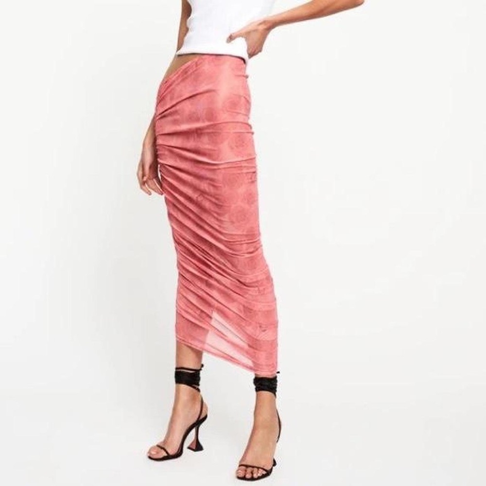 Lioness Goddess Midi Skirt - Pink Mesh with Rose Pattern